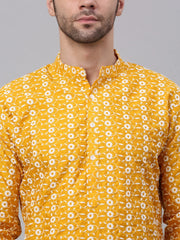 Men Mustard Embroidered Dupion Silk Kurtas ( KO 633Mustard )-KO-633