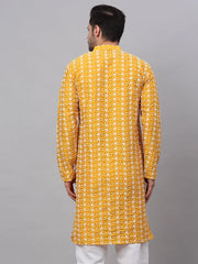 Men Mustard Embroidered Dupion Silk Kurtas ( KO 633Mustard )-KO-633