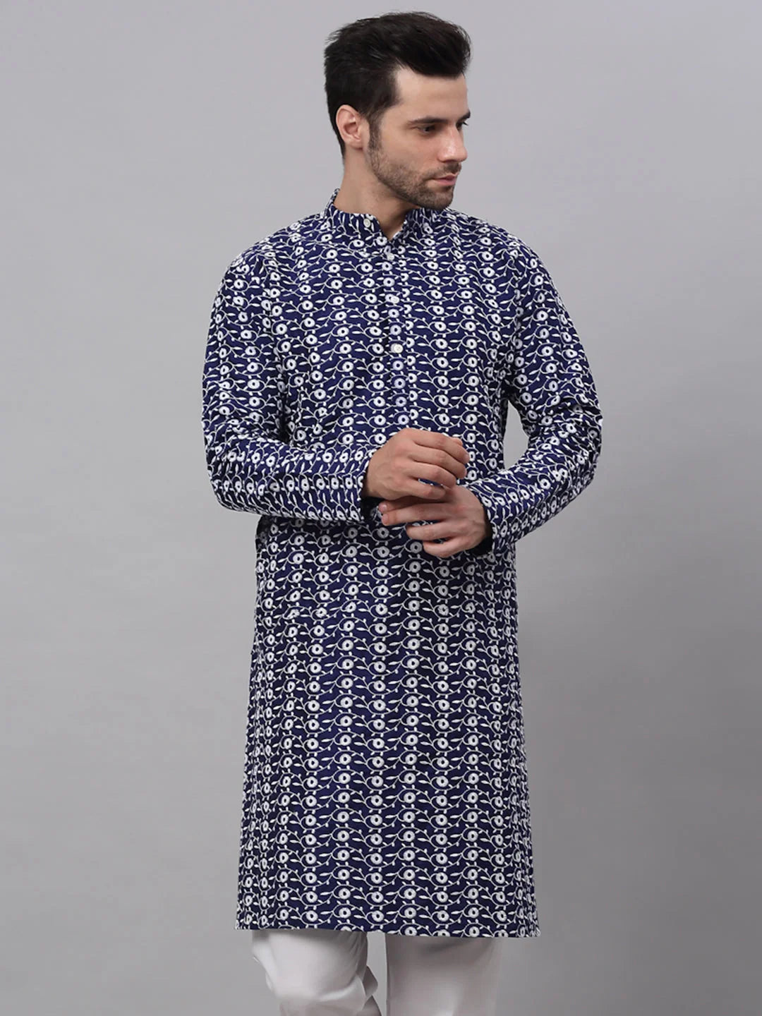Men Navy Blue Embroidered Dupion Silk Kurtas ( KO 633Navy )-KO-633