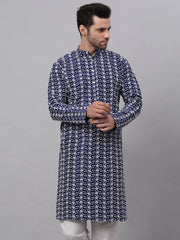 Men Navy Blue Embroidered Dupion Silk Kurtas ( KO 633Navy )-KO-633