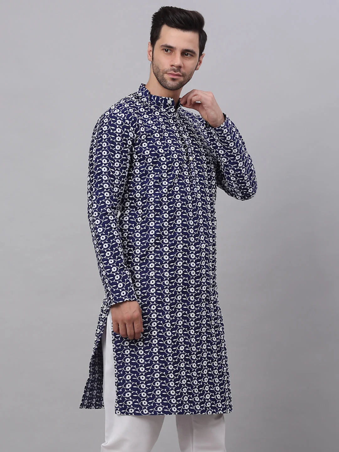 Navy Blue Embroidered Dupion Silk Kurta | Wedding Kurta for Men
