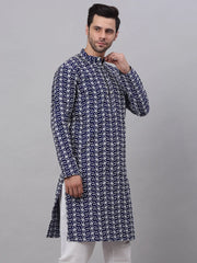 Men Navy Blue Embroidered Dupion Silk Kurtas ( KO 633Navy )-KO-633