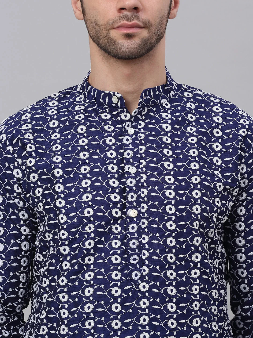 Navy Blue Embroidered Dupion Silk Kurta | Wedding Kurta for Men