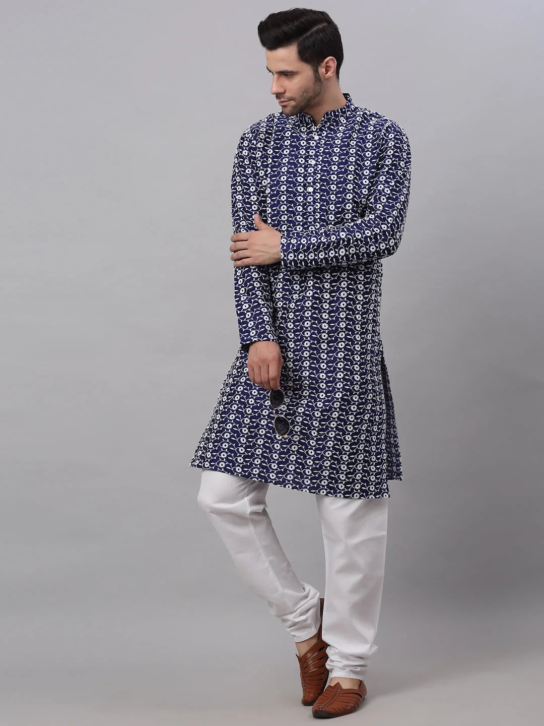 Navy Blue Embroidered Dupion Silk Kurta | Wedding Kurta for Men