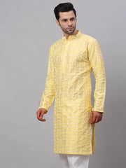 Men Yellow Embroidered Dupion Silk Kurtas ( KO 633Yellow )-KO-633
