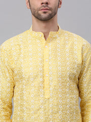 Men Yellow Embroidered Dupion Silk Kurtas ( KO 633Yellow )-KO-633