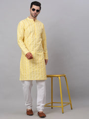 Men Yellow Embroidered Dupion Silk Kurtas ( KO 633Yellow )-KO-633