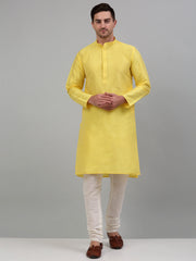Men Lemon Yellow Dupion Silk Kurta Only