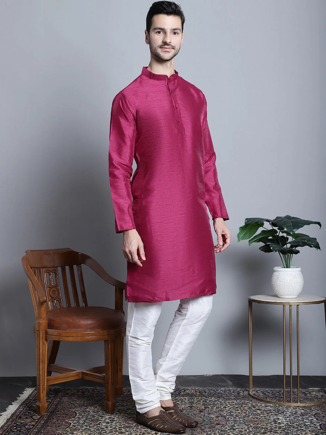 Mens Silk Kurta - Purple Dupion Indian Kurta for Men