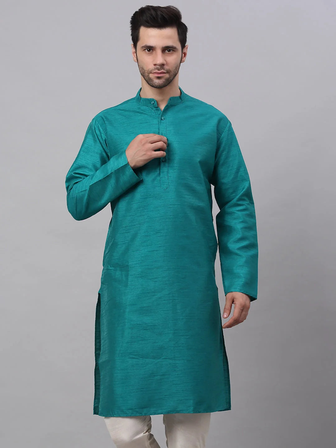 Men's Solid Dupion Silk Kurtas ( KO 636Teal )-KO-636