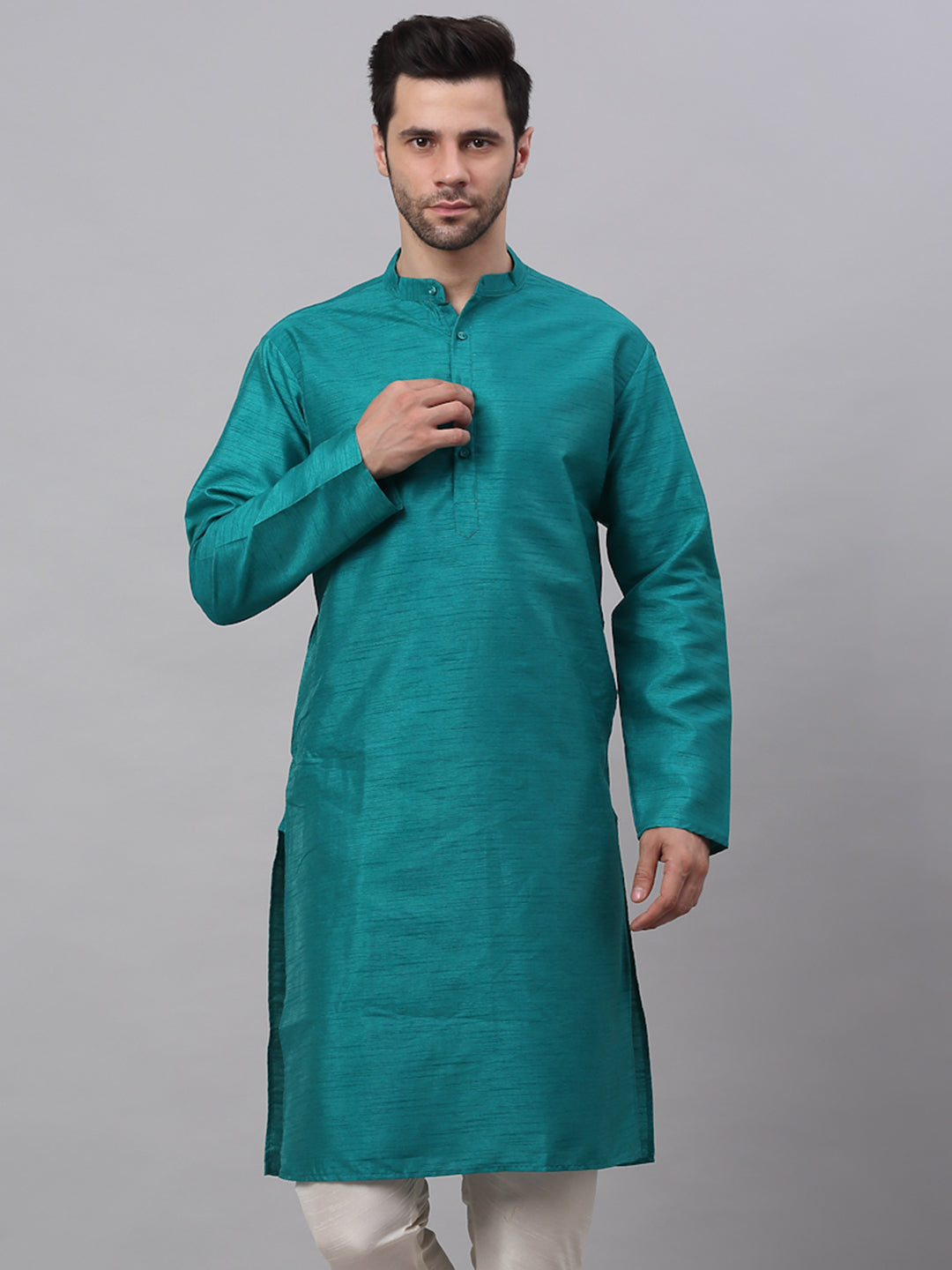 Men's Solid Dupion Silk Kurtas ( KO 636Teal )-KO-636