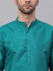 Men's Solid Dupion Silk Kurtas ( KO 636Teal )-KO-636