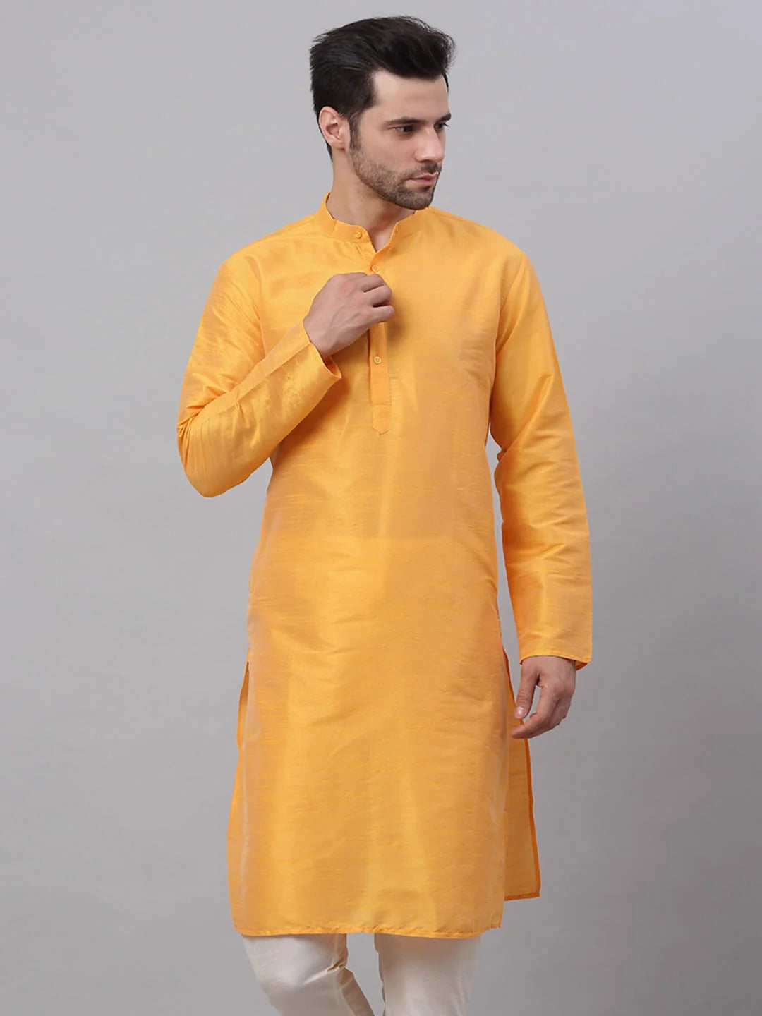 Solid Mens Kurta - Yellow Cotton Indian Kurta for Men