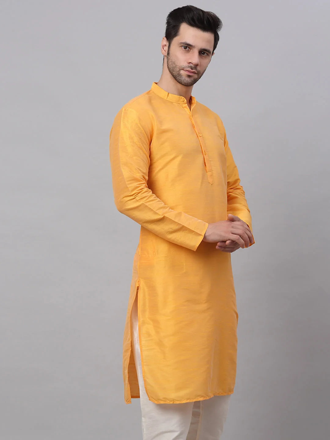 Solid Mens Kurta - Yellow Cotton Indian Kurta for Men