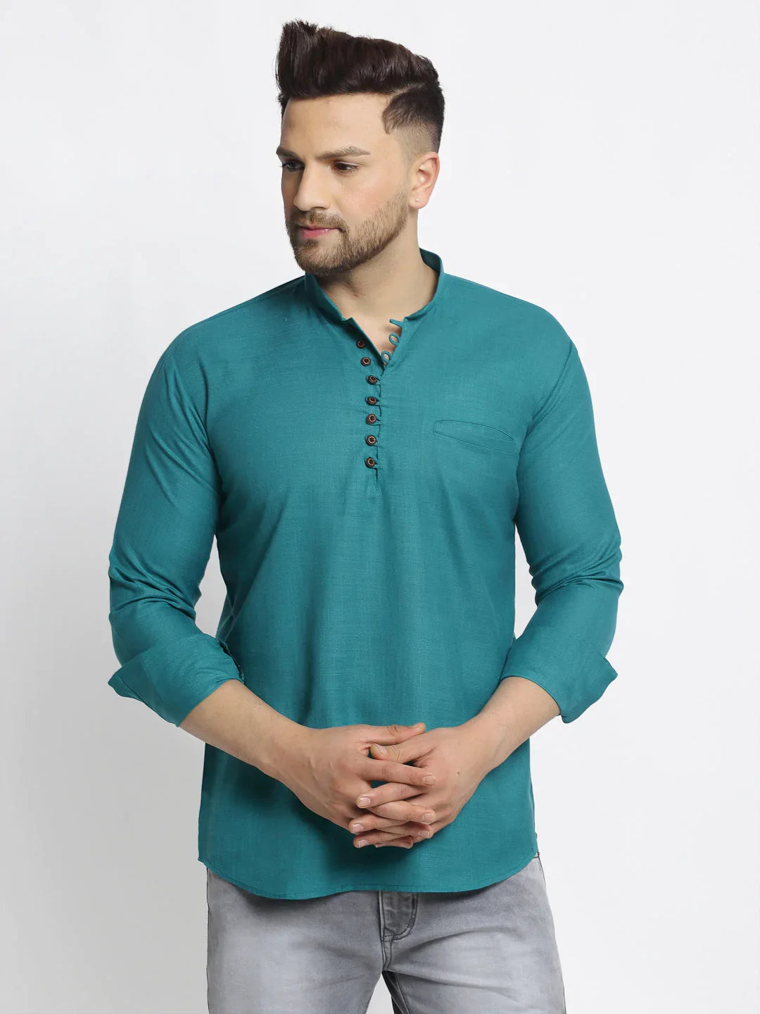 DesiQlo Men's Green Solid Cotton Short Kurta ( KO 639 Green )