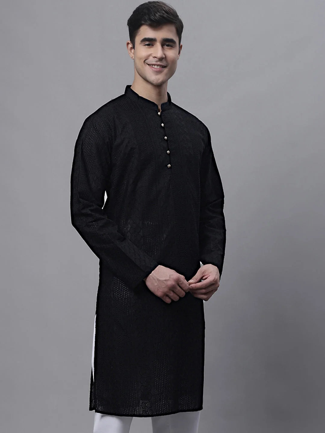 Black Embroidered Men's Kurta - Cotton Indian Kurta for Men