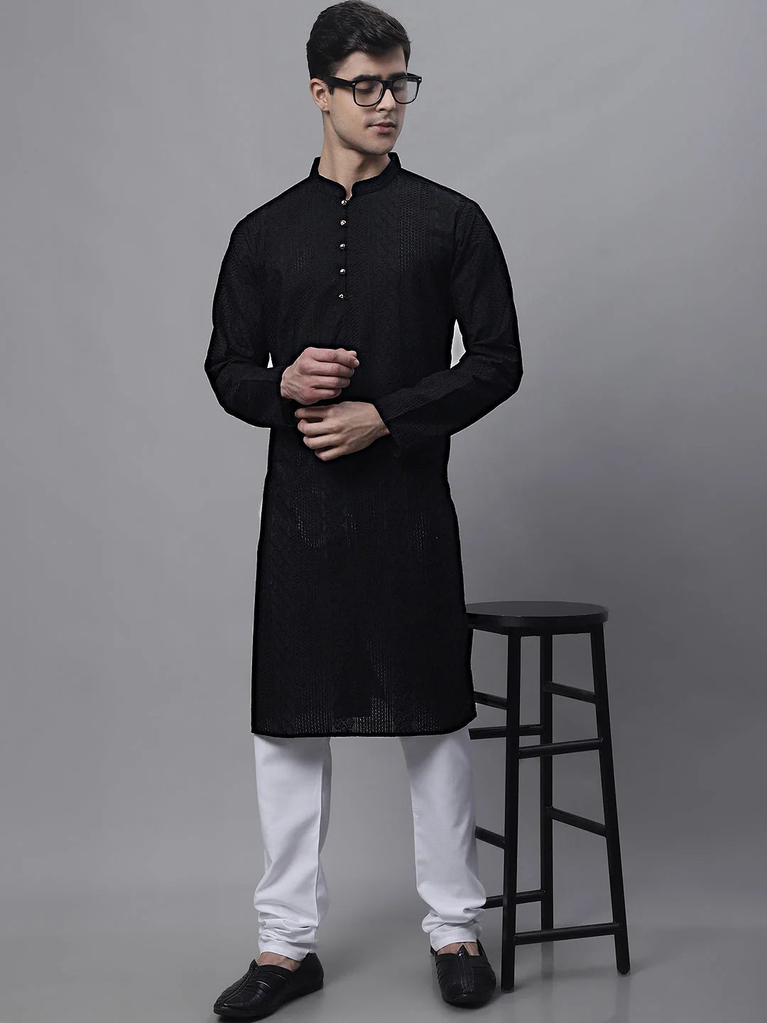 Black Embroidered Men's Kurta - Cotton Indian Kurta for Men