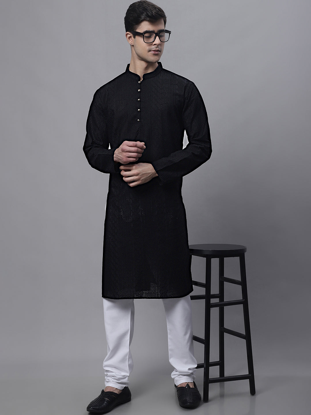 Black Embroidered Men's Kurta - Cotton Indian Kurta for Men