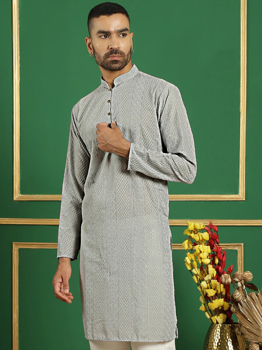 Grey Chikankari Cotton Kurta: Mens Indian Kurta for Men