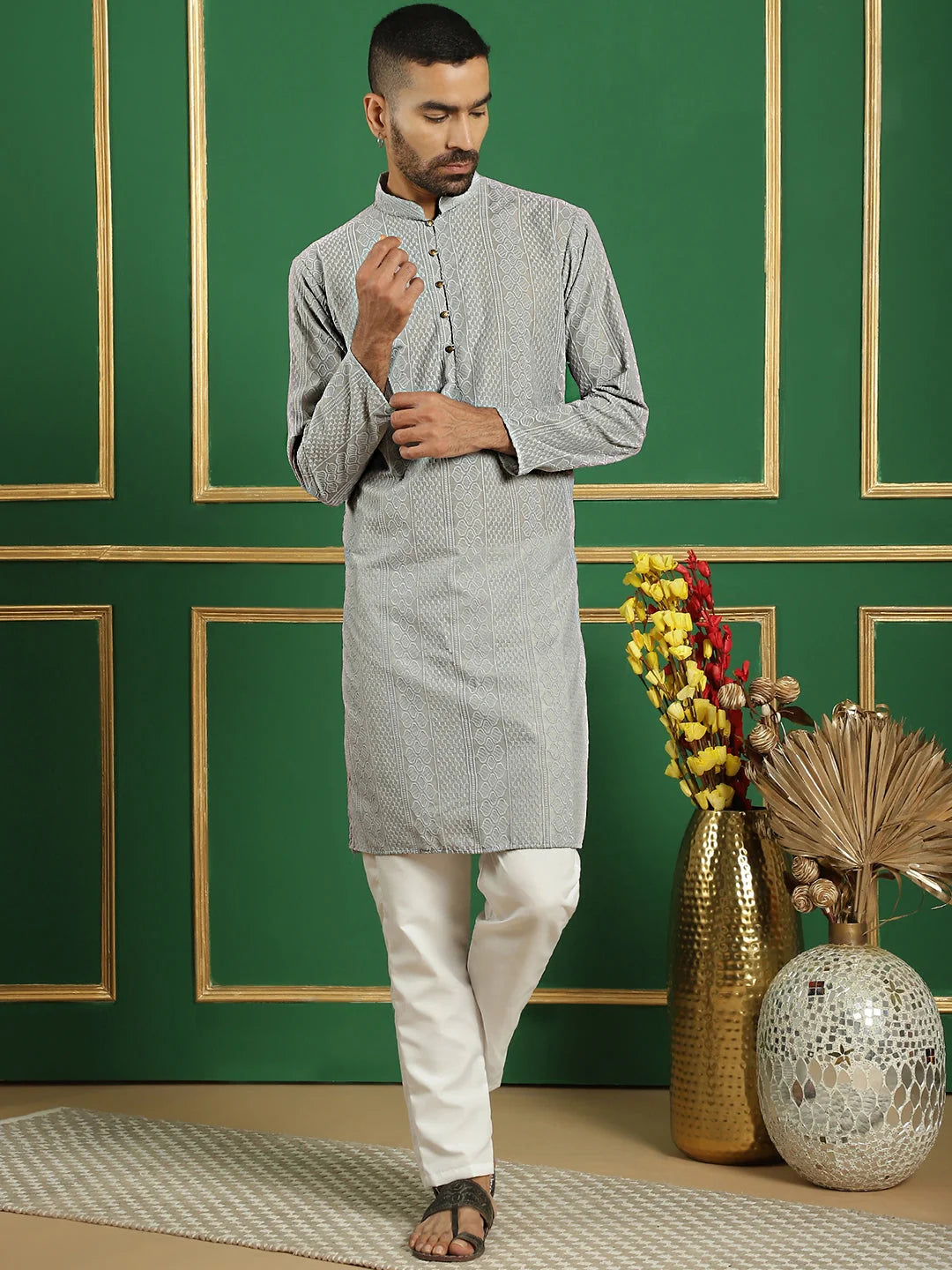 Grey Chikankari Cotton Kurta: Mens Indian Kurta for Men