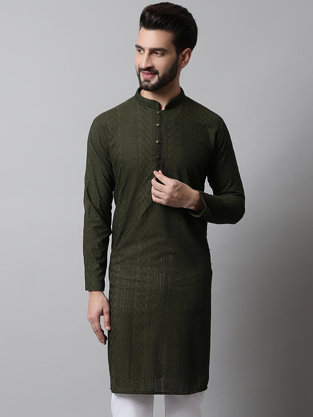 Men's Olive Embroidered Cotton Kurta | Indian Kurta for Men