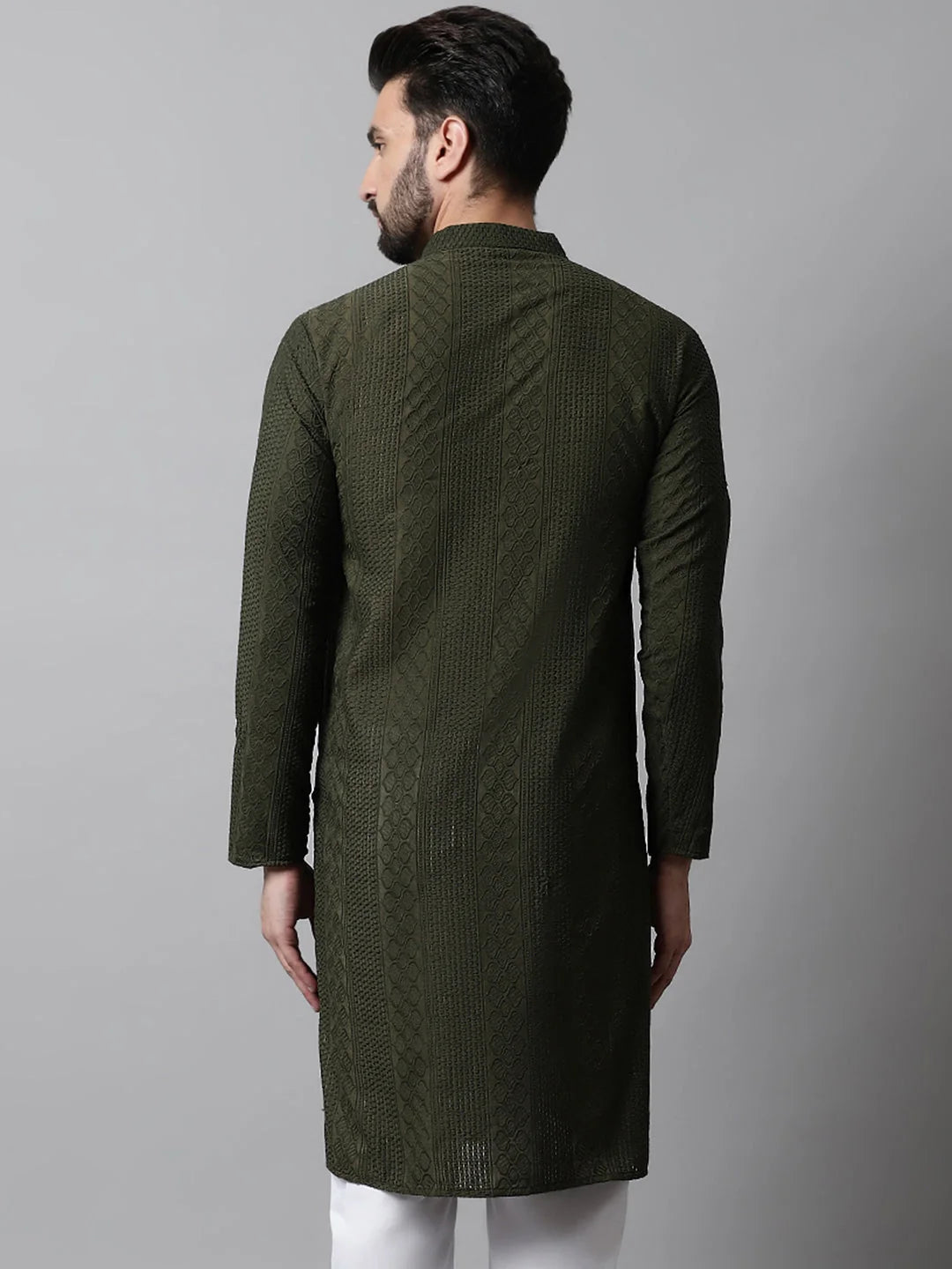 Men's Olive Embroidered Cotton Kurta | Indian Kurta for Men