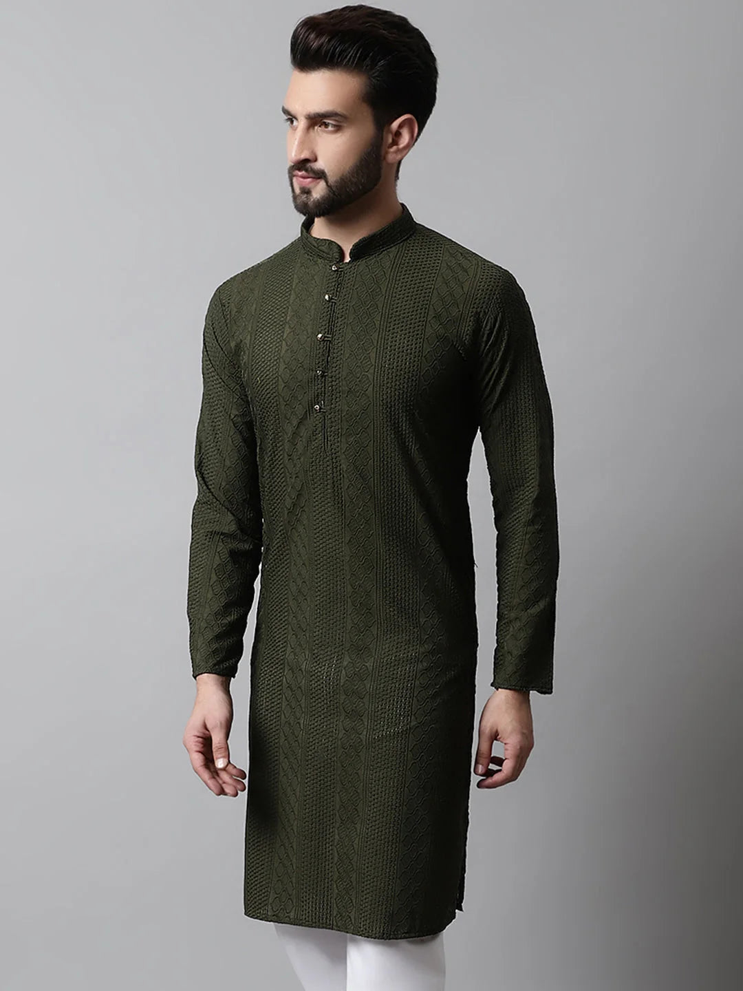 Men's Olive Embroidered Cotton Kurta | Indian Kurta for Men