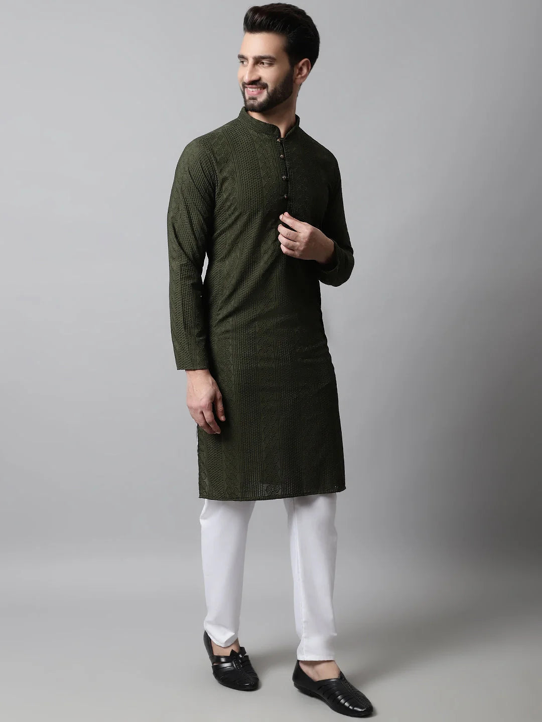 Men's Olive Embroidered Cotton Kurta | Indian Kurta for Men