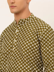 DesiQlo Men Olive Green Chikankari Kurta Only ( KO 641 Olive ) [FF] [I-1-4]