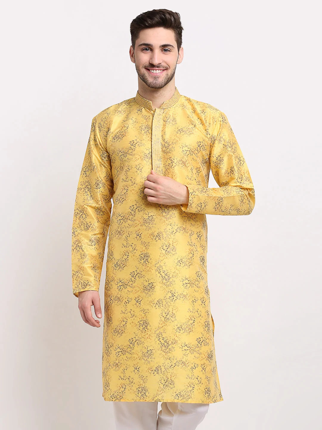 Yellow Printed Silk Kurta for Men | Indian Wedding Kurta