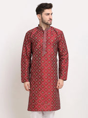 Men's Maroon Woven Kurta Only