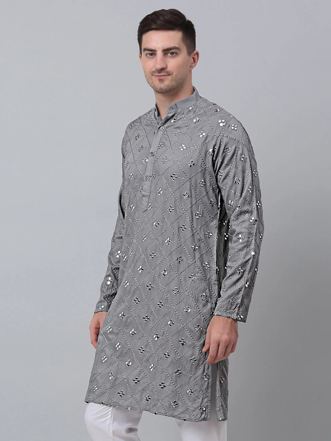 Men's Grey Embroidered Cotton Indian Kurta | Shop Now