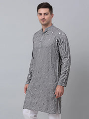 Men's Grey Embroidered Mirror Work Kurta Only