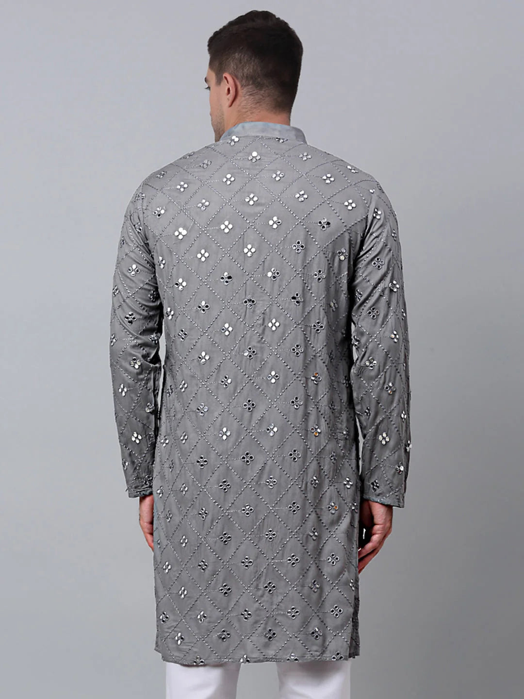 Men's Grey Embroidered Cotton Indian Kurta | Shop Now