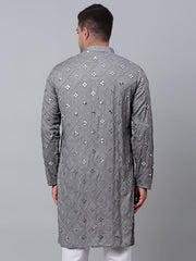 Men's Grey Embroidered Mirror Work Kurta Only
