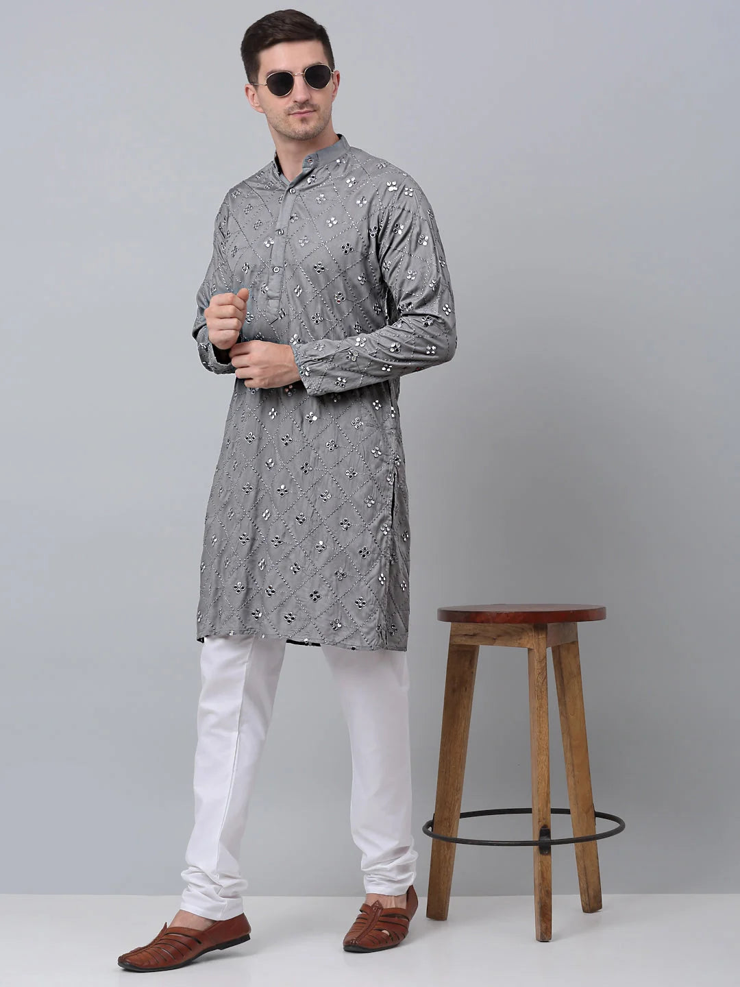 Men's Grey Embroidered Cotton Indian Kurta | Shop Now