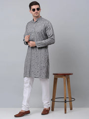 Men's Grey Embroidered Mirror Work Kurta Only