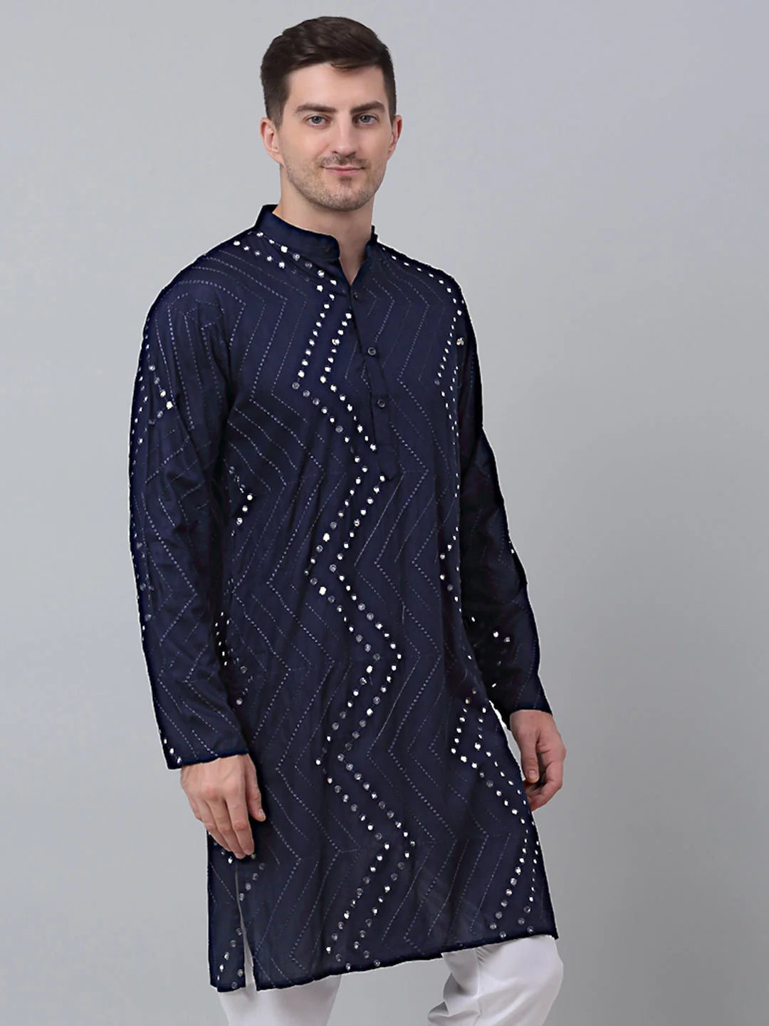 Navy Embroidered Men's Kurta with Mirror Work | Mens Kurta