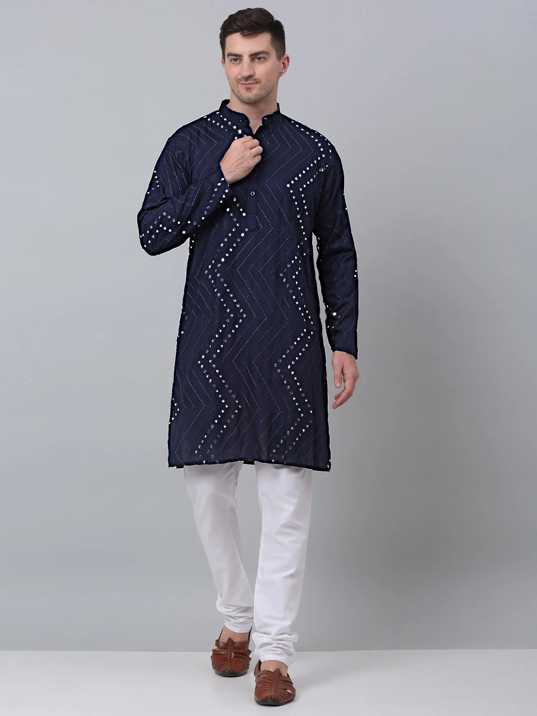Navy Embroidered Men's Kurta with Mirror Work | Mens Kurta
