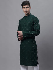 Men's Olive Green Embroidered Mirror Work Kurtas-KO-646