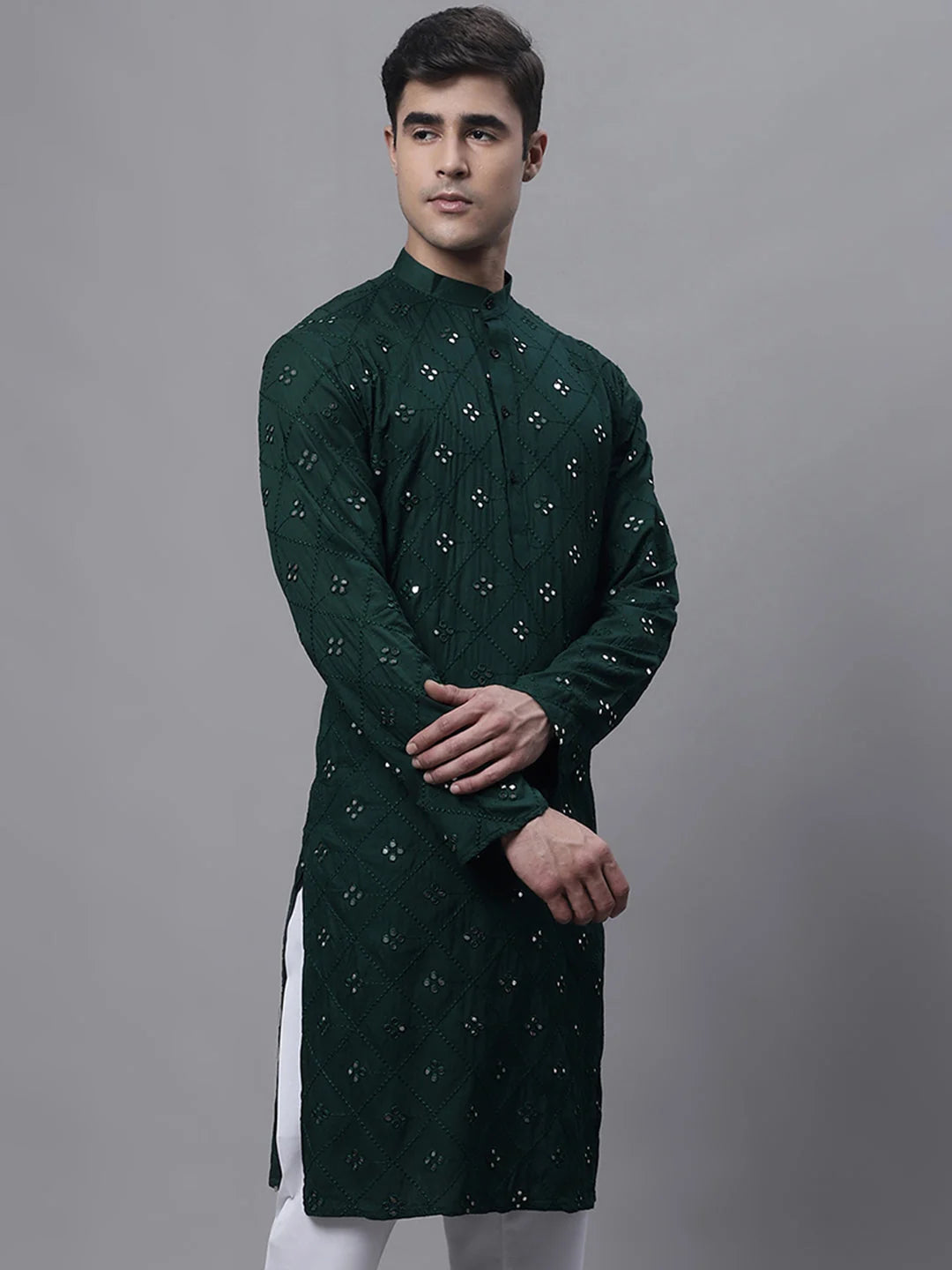 Olive Green Embroidered Mens Kurta - Mirror Work Indian Kurta