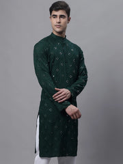 Men's Olive Green Embroidered Mirror Work Kurtas-KO-646