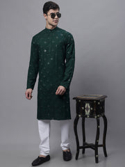 Men's Olive Green Embroidered Mirror Work Kurtas-KO-646