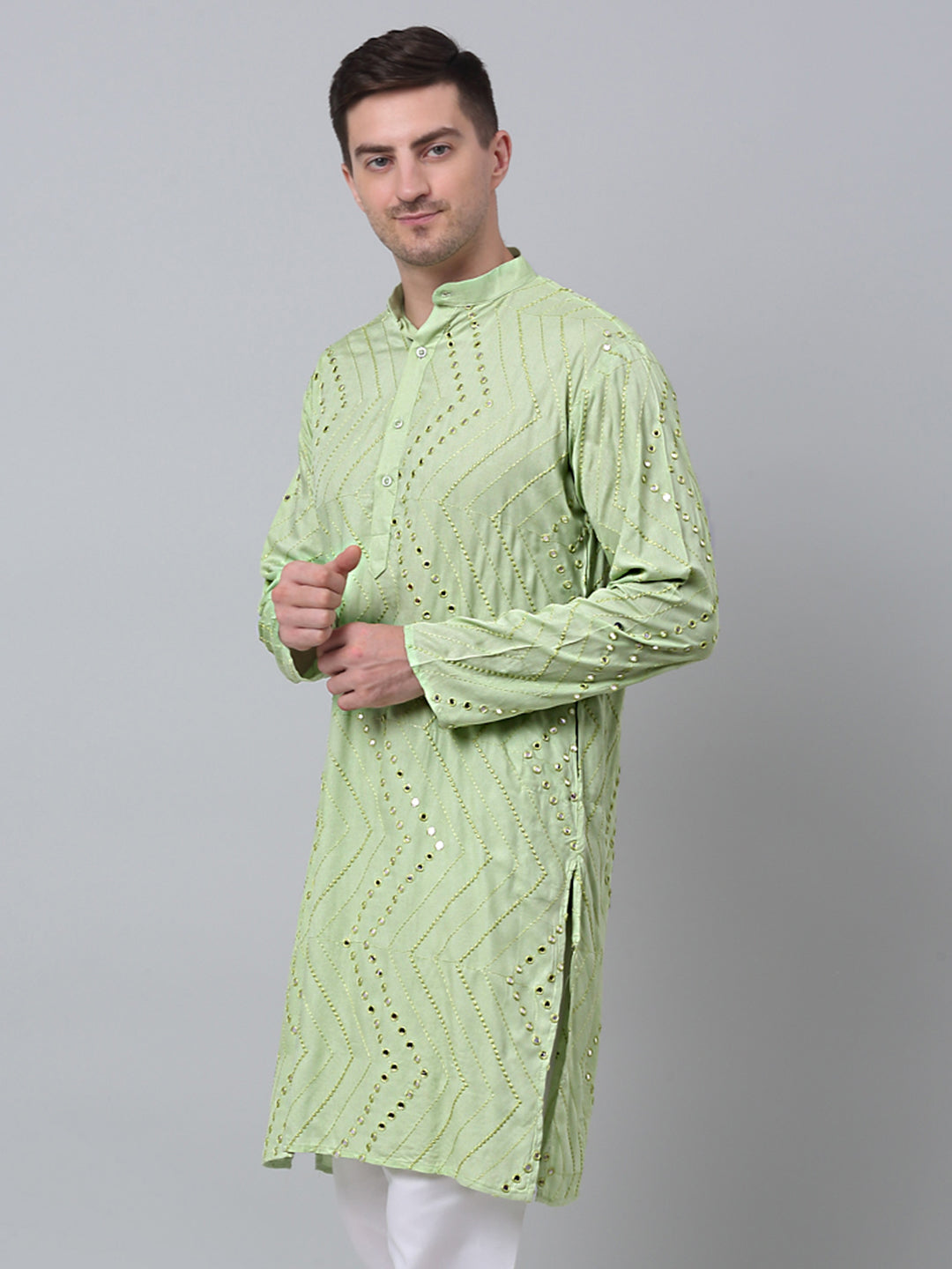 Pista Embroidered Men's Kurta with Mirror Work | Indian Kurta