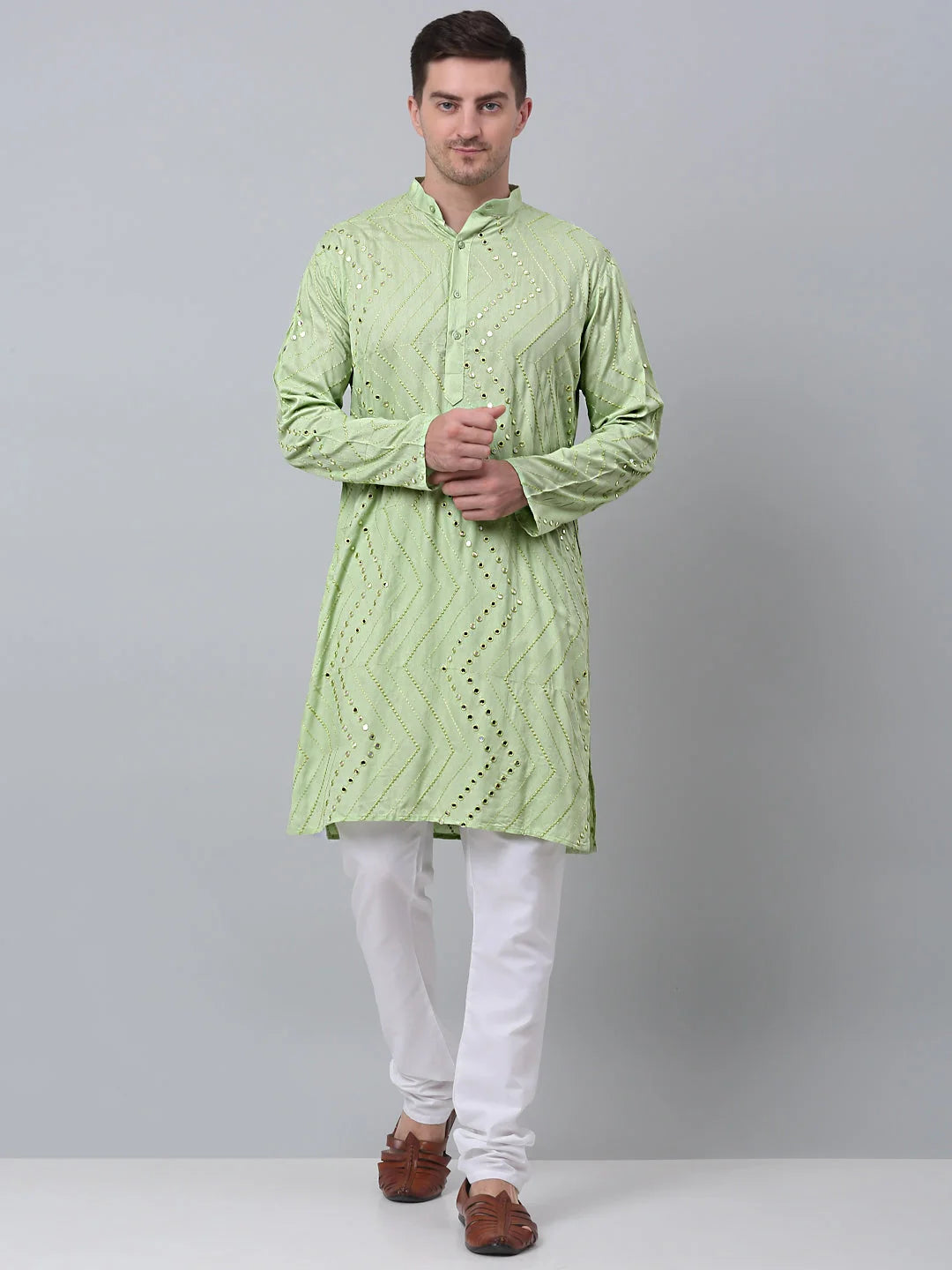 Pista Embroidered Men's Kurta with Mirror Work | Indian Kurta
