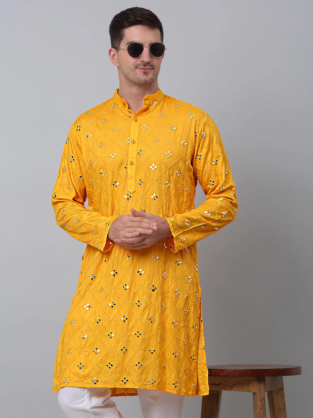 Yellow Cotton Indian Kurta for Men | Embroidered Kurta
