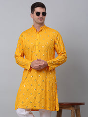 Men's Yellow Embroidered Mirror Work Kurta Only