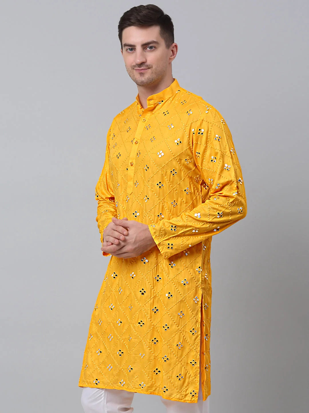 Yellow Cotton Indian Kurta for Men | Embroidered Kurta