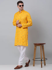 Men's Yellow Embroidered Mirror Work Kurta Only