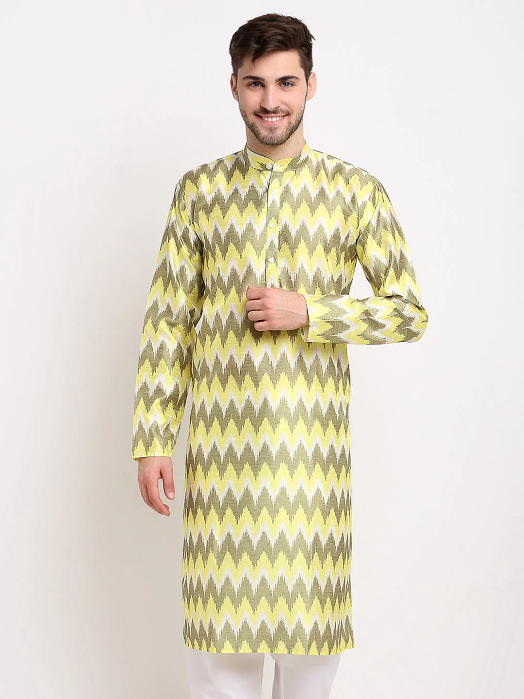 Multi-Olive Ikkat Men's Kurta | Shop Silk Kurta for Men Here